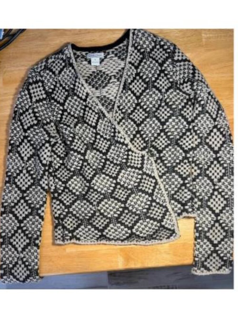 Lucky Brand Wool Blend Wrap Cardigan Sweater Blazer Women M Black Tan Metallic